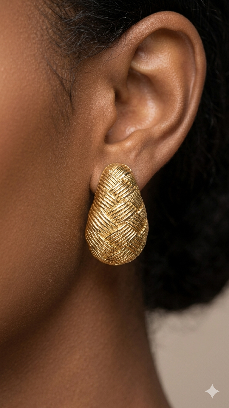 close-up of gold-plated woven teardrop earring worn on ear — fancy daria