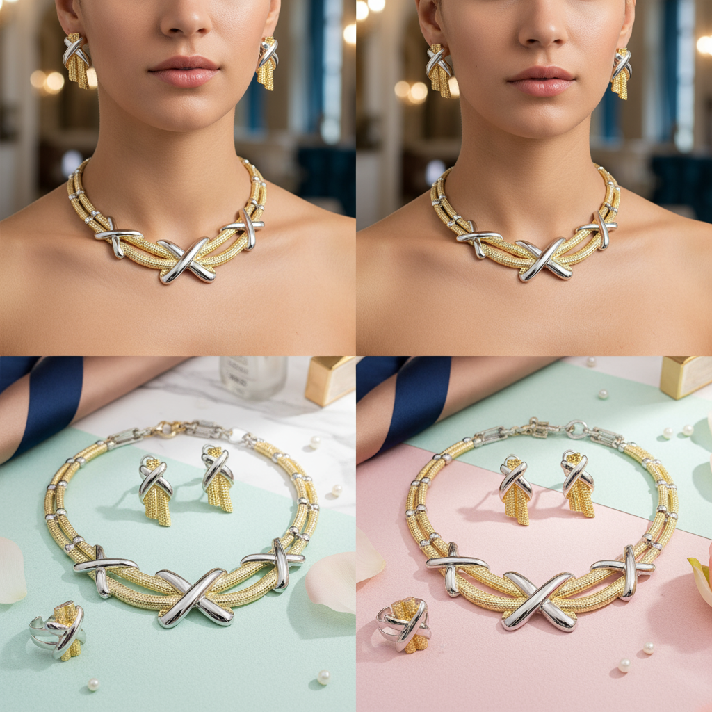 Jewelry set with necklace, bracelet, and earrings on a model against a blurred indoor background.