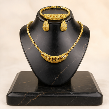 18K Gold Plated Textured Jewelry Set | Statement Rope Chain Necklace, Bracelet & Drop Earrings 3-Piece Set