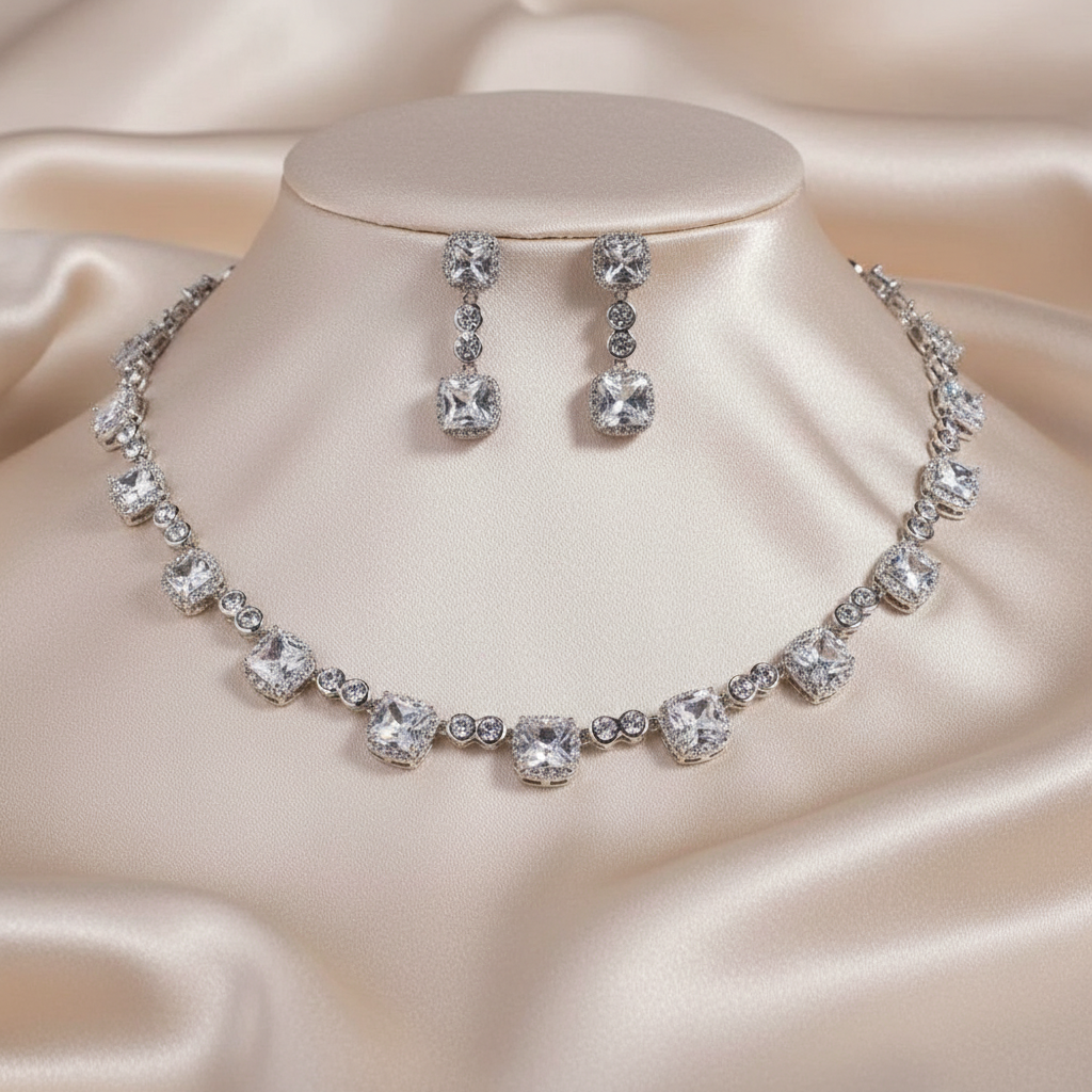 Silver necklace and earrings set on a beige satin surface