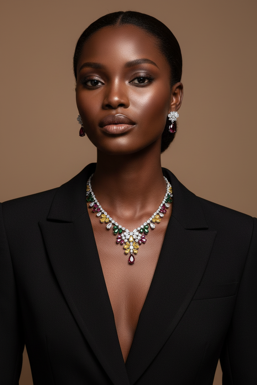 Woman wearing a black suit with a colorful necklace against a brown background