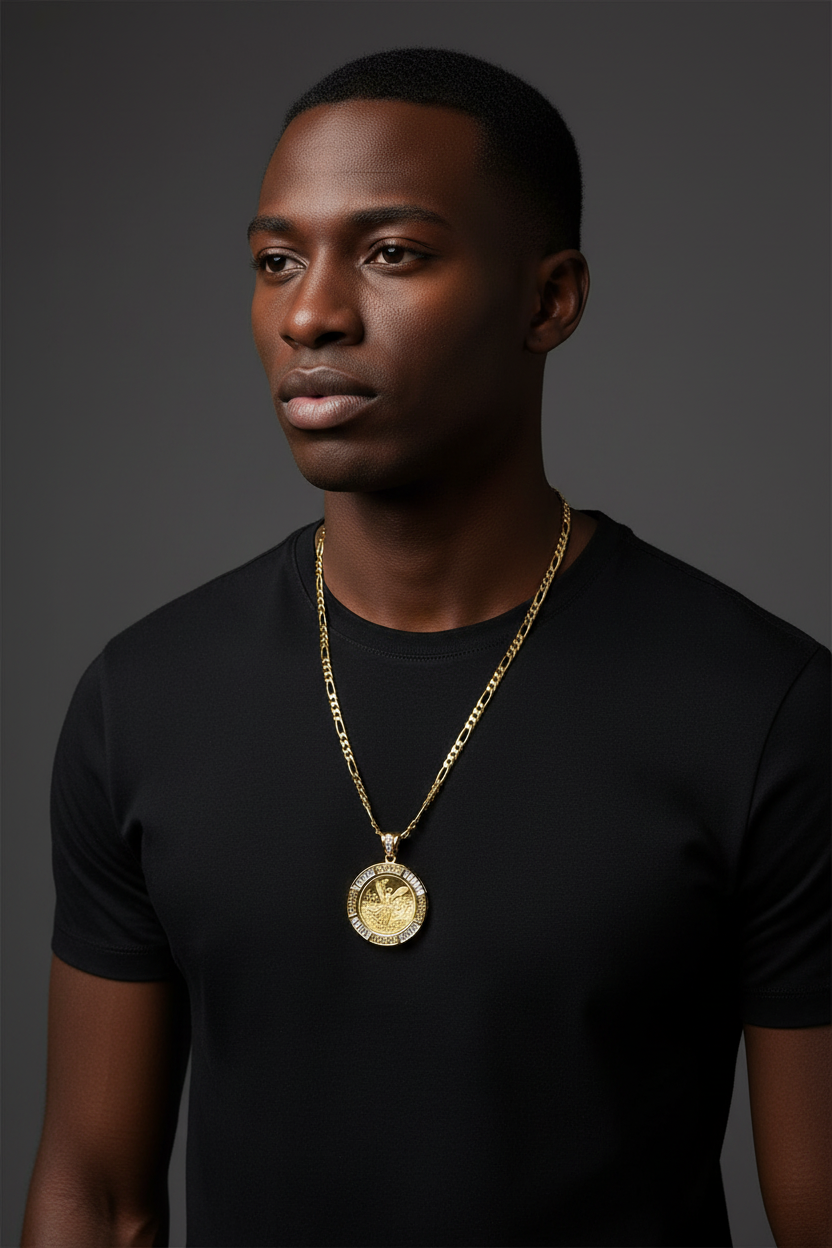 Gold-plated coin pendant necklace with baguette CZ Greek key bezel on marble display – Fancy Daria men's jewelry