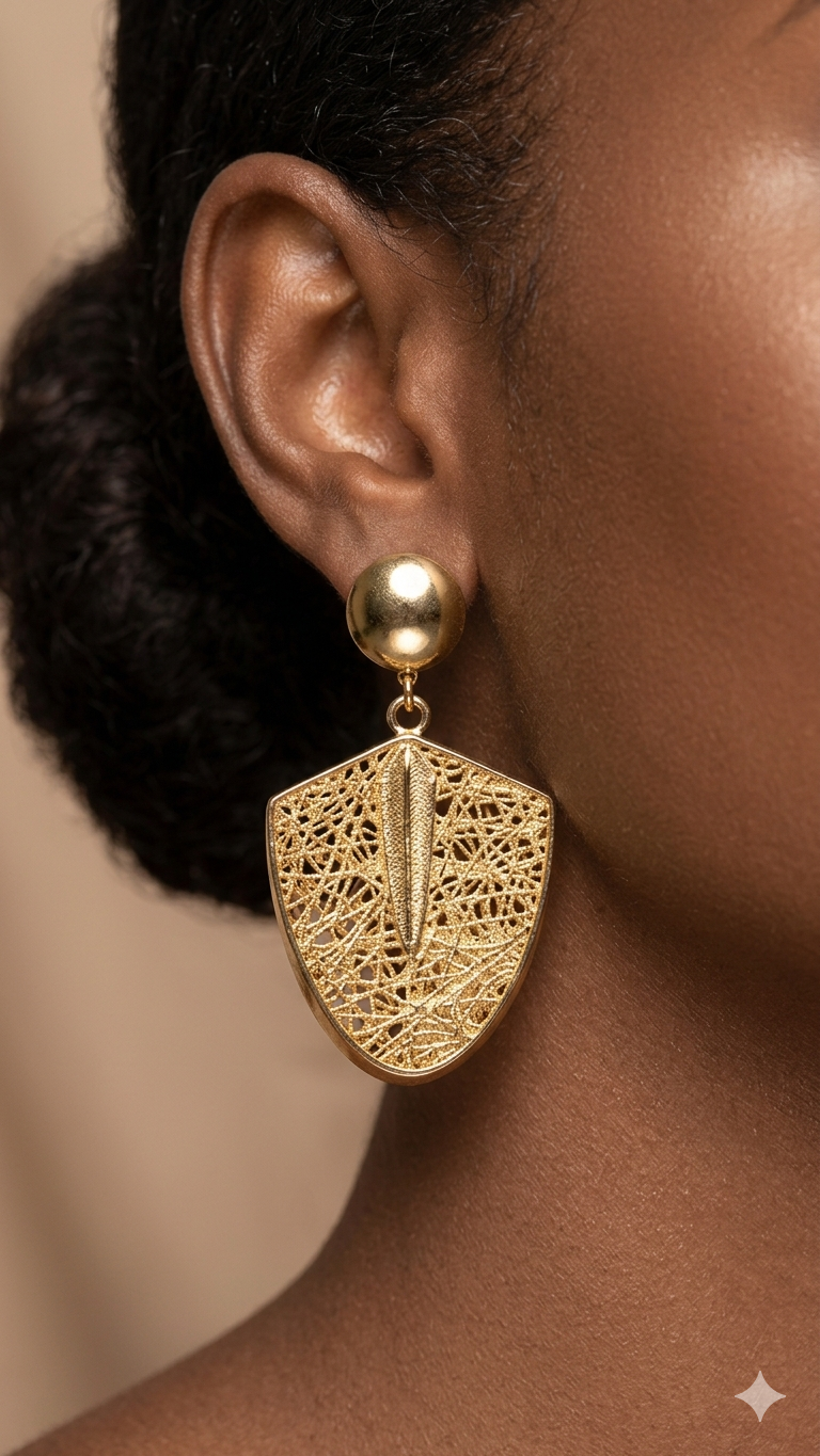 close-up of gold-plated open filigree shield earring with ball stud top — fancy daria