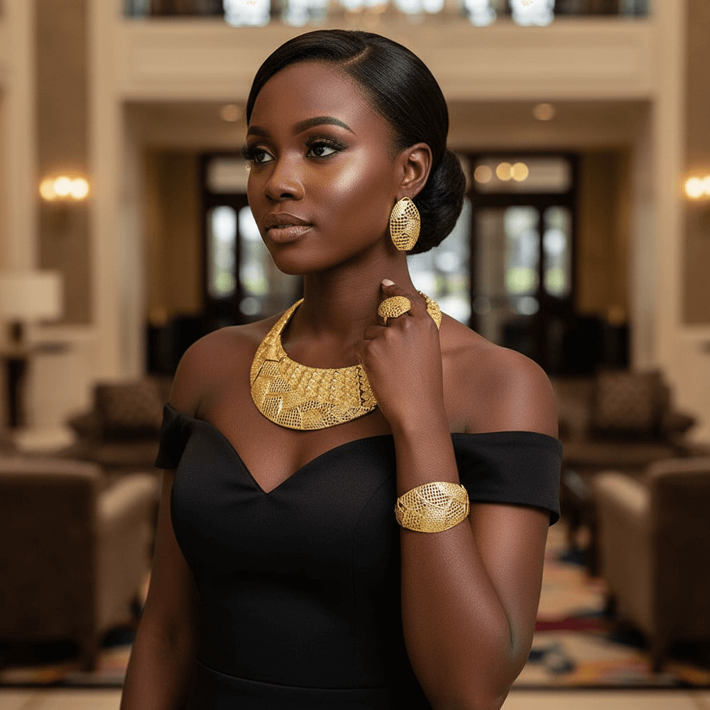 Zariel Geometric Luxe Gold Jewelry Set – 18K Gold-Plated Necklace, Earrings, Bracelet & Ring | Statement Wedding & Party Set