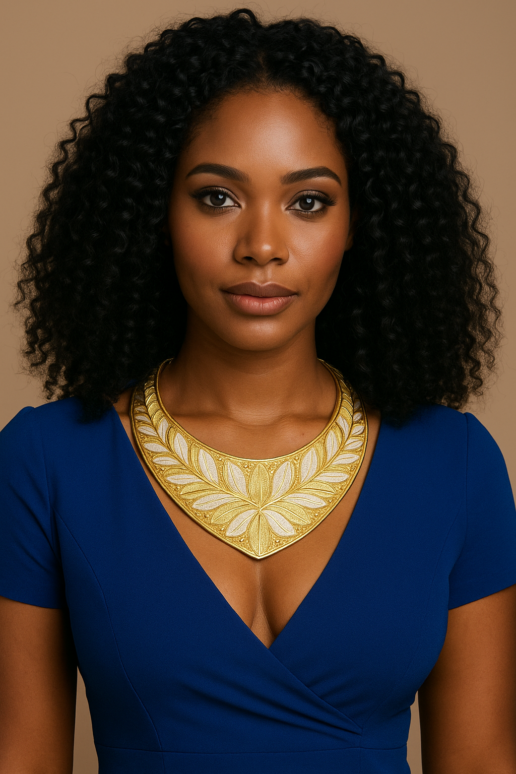 Woman wearing a blue dress with a gold necklace against a brown background