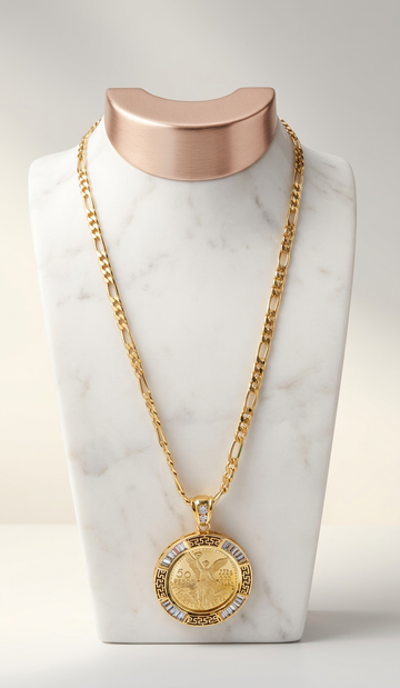Gold Coin Pendant Necklace | Baguette CZ Greek Key Bezel | Gold-Plated Figaro Chain