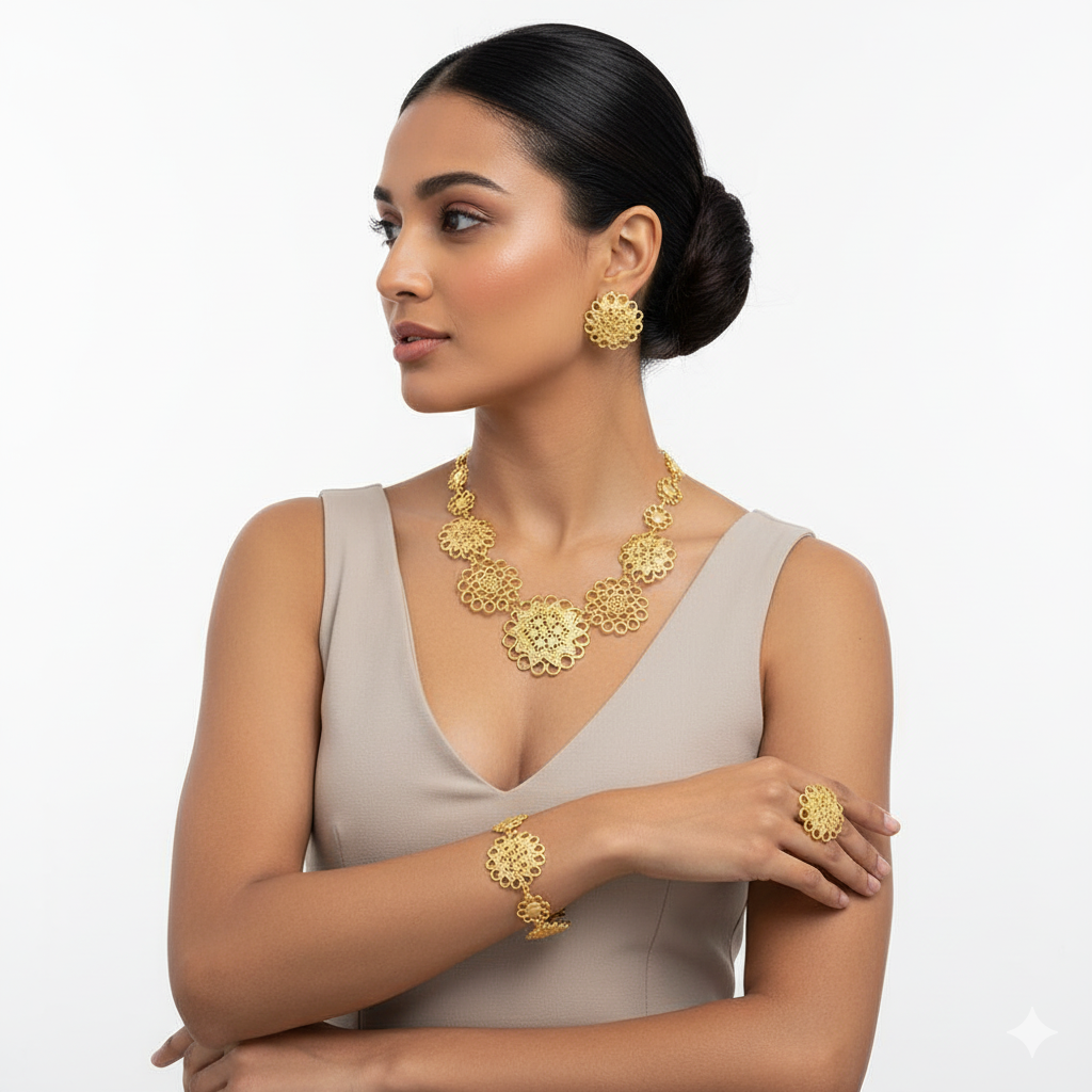 Woman wearing gold jewelry including necklace, earrings, and bracelet on a white background
