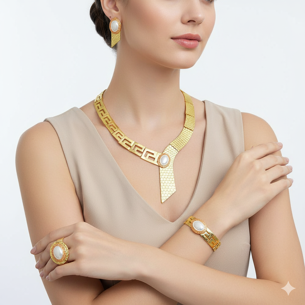 Woman wearing gold jewelry including a necklace, bracelet, and ring on a white background