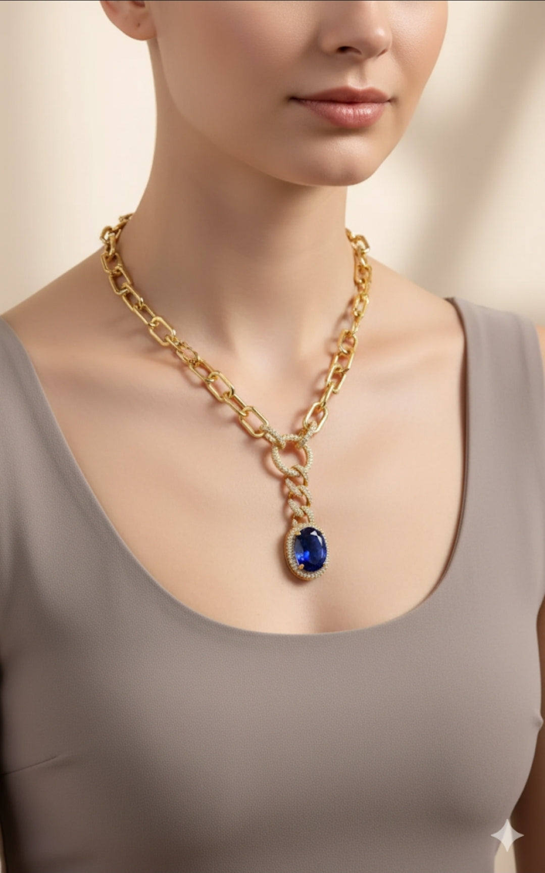Gold chain necklace with a blue gemstone worn by a person against a neutral background
