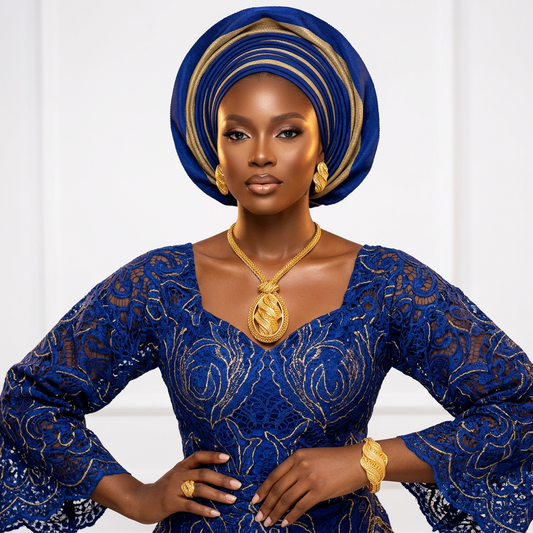 Woman wearing a blue and gold traditional outfit with jewelry on a white background