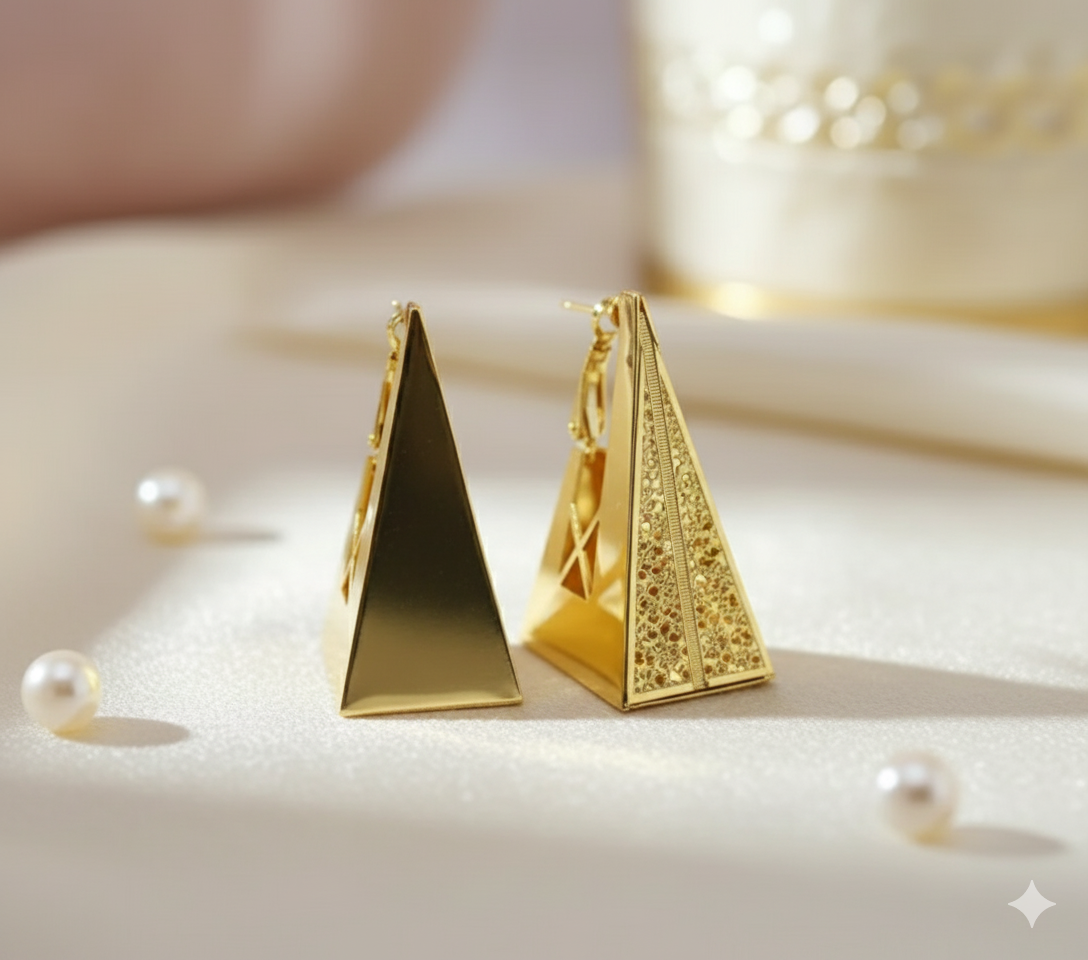 Gold pyramid-shaped earrings on a light background with pearls.