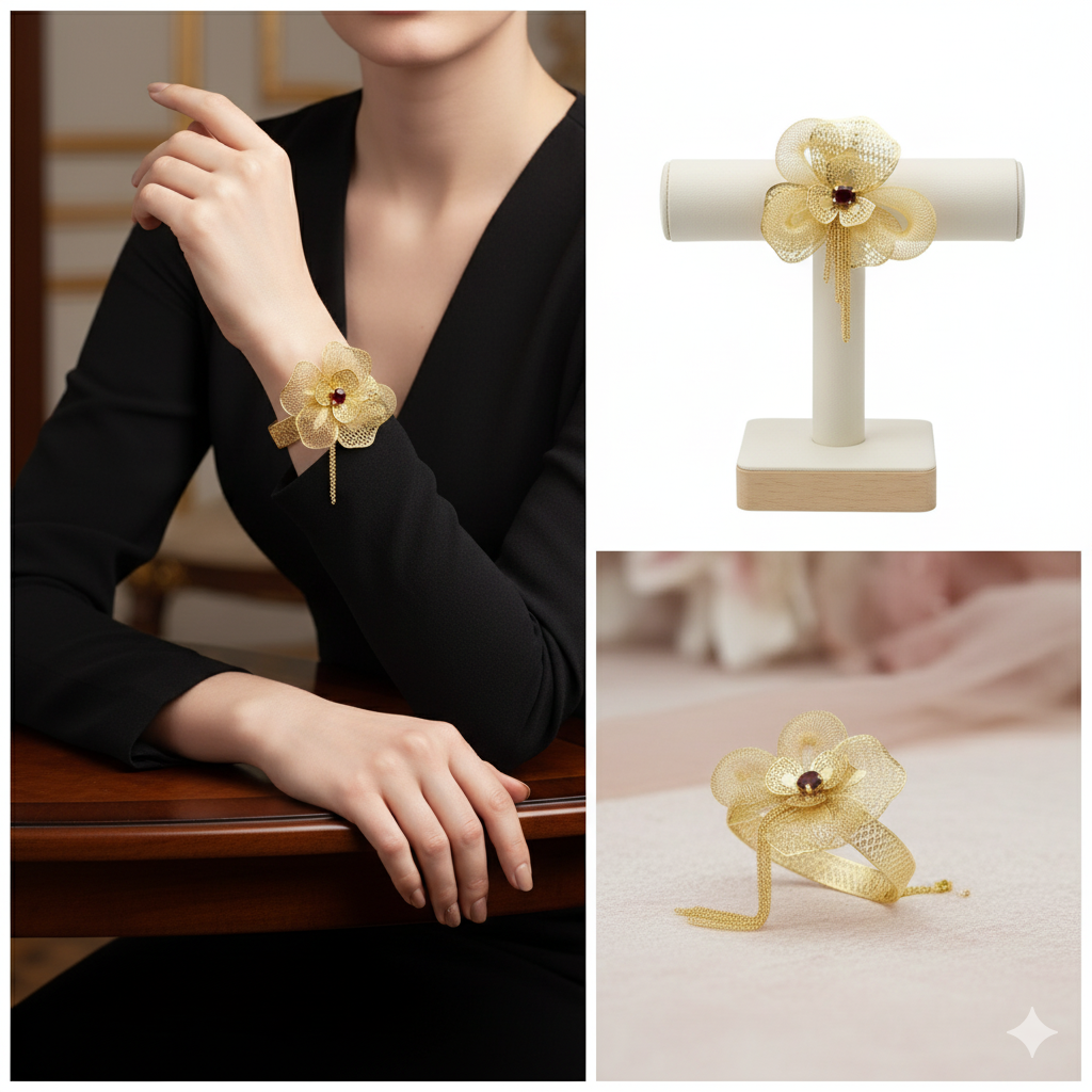 Gold flower bracelet on a person's wrist with close-up shots of the bracelet on a stand and surface.