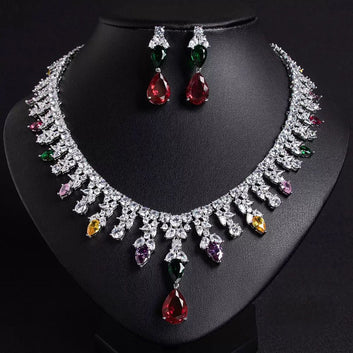 Multicolor Teardrop CZ Necklace and Earring Set | Rainbow Crystal Fringe Jewelry Set | Silver Tone Bridal Statement Jewelry