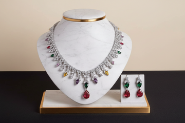 Multicolor Teardrop CZ Necklace and Earring Set | Rainbow Crystal Fringe Jewelry Set | Silver Tone Bridal Statement Jewelry