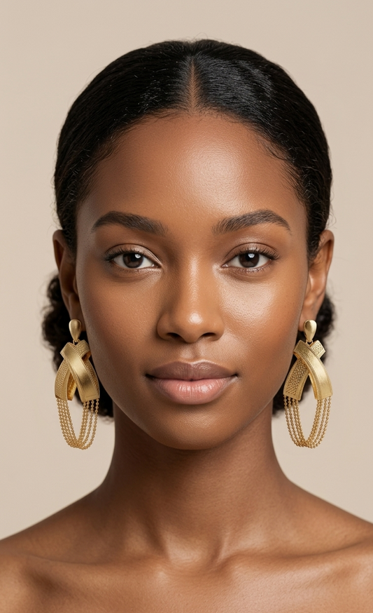 ​A close-up portrait of a Black woman with glowing skin and a sleek hairstyle, modeling the same gold drop earrings. The earrings feature a textured ribbon-like fold and multiple hanging gold bead chains. She is centered against a clean, minimal beige background with soft, professional studio lighting highlighting the metallic shine of the jewelry.