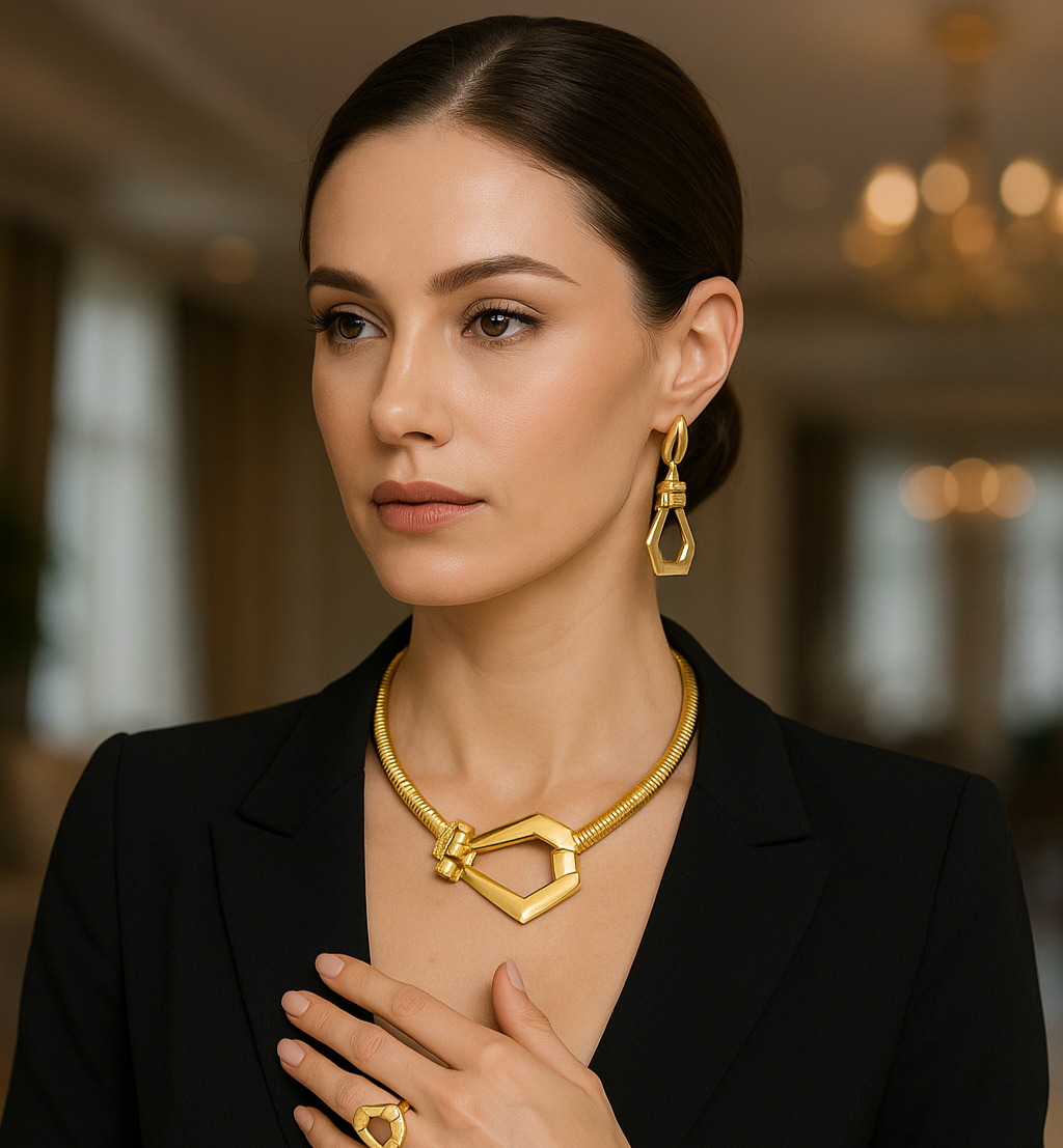 Woman wearing Adesewa Gold jewelry set including necklace, earrings, and bracelet.